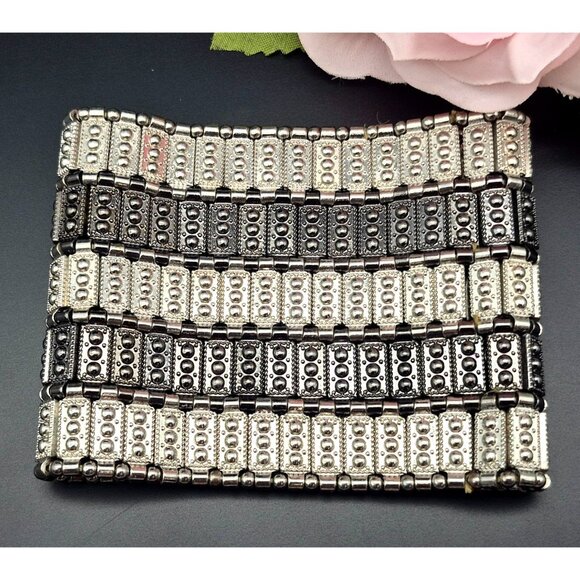 Wide Bracelet Chunky Silver & Black Tone Stretch One Size Rocker Punk - Picture 5 of 6